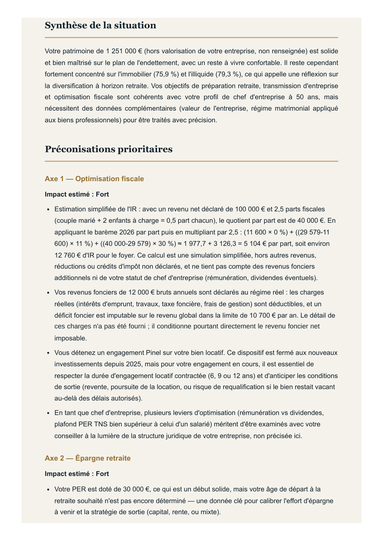 Exemple de rapport : synthèse et préconisations fiscales et retraite
