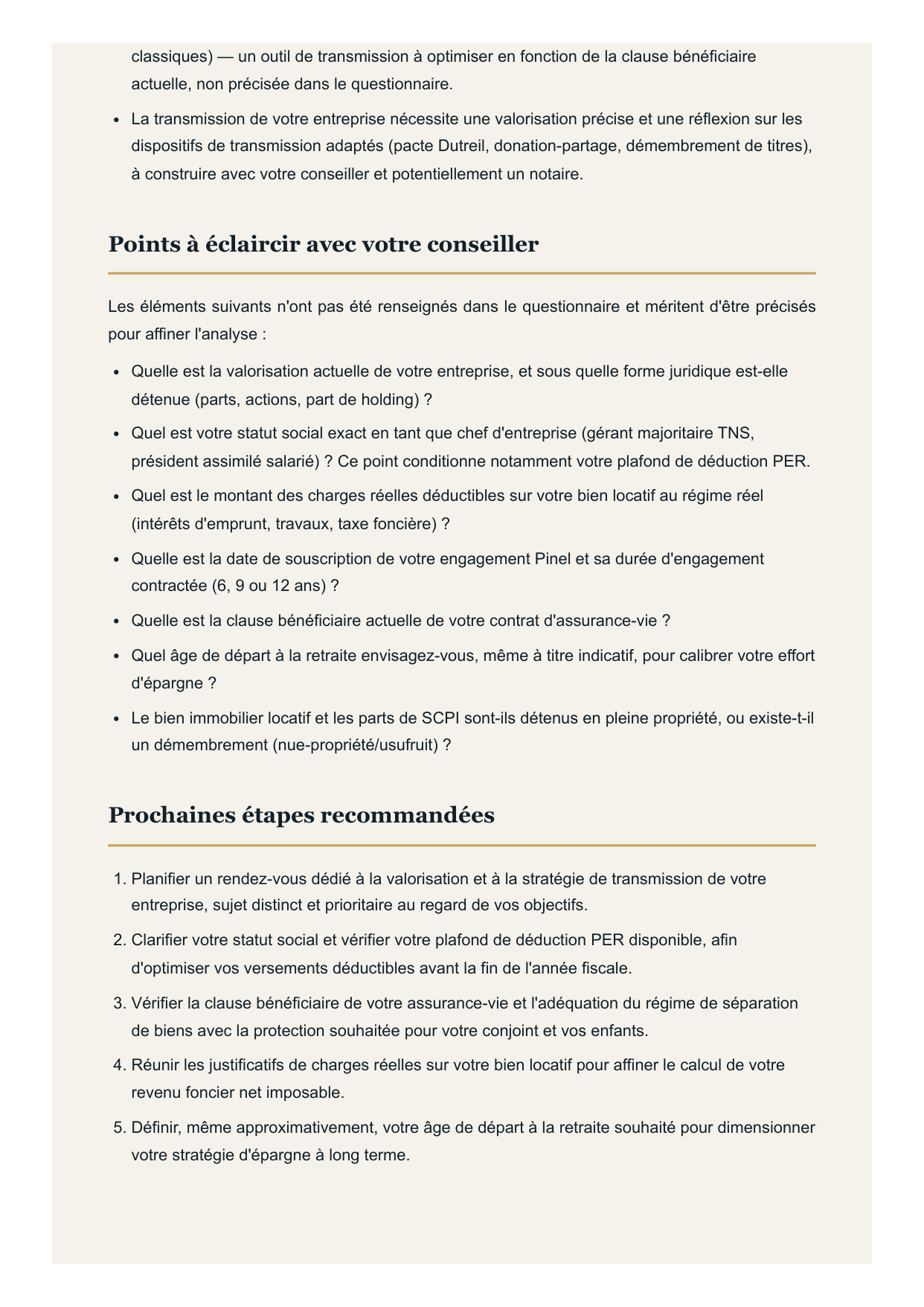 Exemple de rapport : points à éclaircir et prochaines étapes